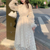Kukombo  2022 Winter Lace Fairy Dress Women Sweet Flare Sleeve Casual Korean Party Dress Female Elegant Slim Design Evening Vintage Dress