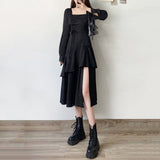 Christmas Gift Gothic Ruffle Balck Dress Streetwear Women Square Collar Split Midi Bandage Srappy Long Sleeve Party Dresses for Women