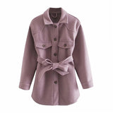 Christmas Gift Women Chic Wool Coats With Belt 2021 Solid Long Sleeve Pockets Shirt Jackets Outerwear Turn Down Collar Elegant Coat