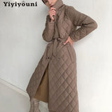 Christmas Gift Yiyiyouni Thickened Cotton Liner Autumn Winter Jacket Women Argyle Long Padded Parkas Female Slim Fit Belted Coats Windbreakers