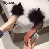 Christmas Gift Eilyken 2021 New PVC shoes Woman Feather Transparent High heels Fur Pumps Slippers Women Peep toe Mules Lady Pumps Slides White