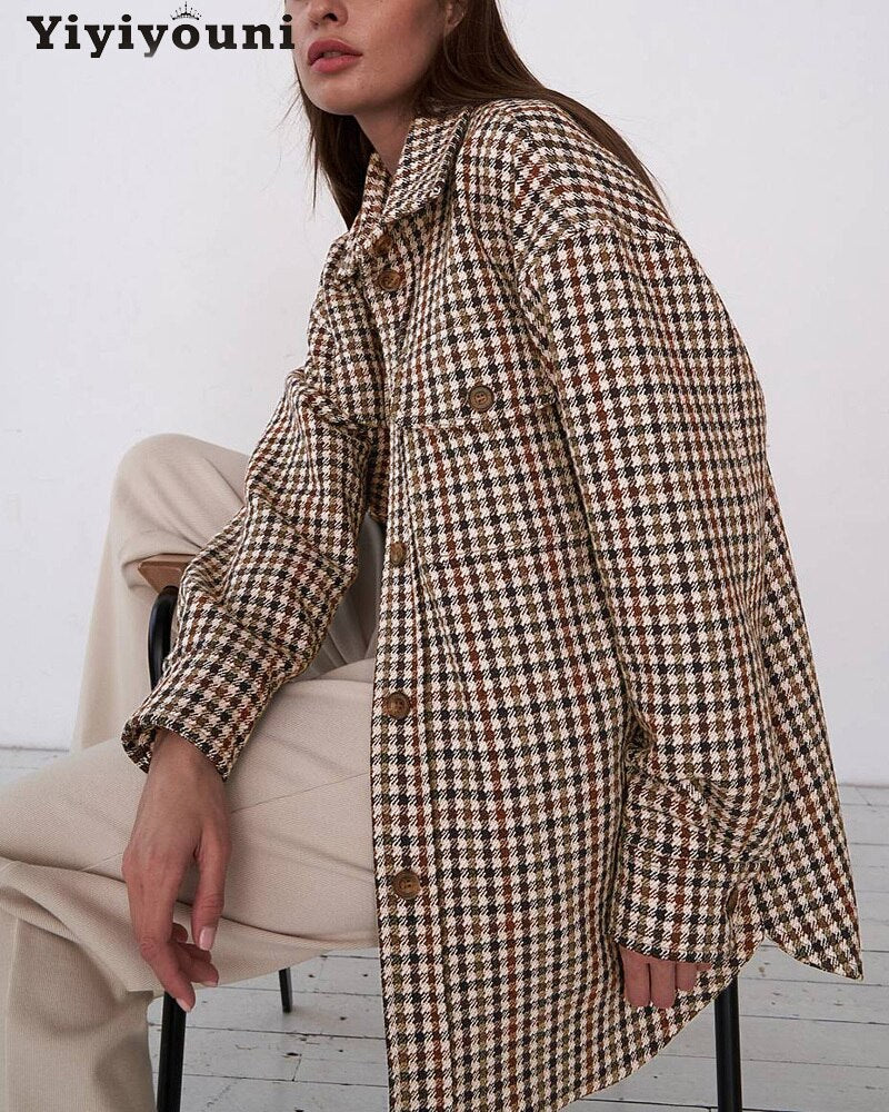 Christmas Gift Yiyiyouni Autumn Winter Single Breasted Plaid Shirt Jackets Women Long Sleeve Loose Outerwear Tops Female Oversized Wool Coat