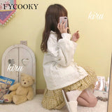 Kukombo Autumn College Style Corduroy Jacket Women Japanese Cute Lantern Long-Sleeved Jackets Female Sweet Loose O-Neck Short Coats