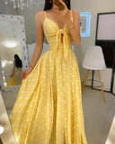 Kukombo Spaghetti Strap Polkadot Print Knotted Design Maxi Dress Women Summer Dress