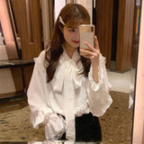 Kukombo Back to school outfit Elegant Lace Up Bow Collar Solid Blouse Women Lace Patchwork Flare Long Sleeve Loose Blusas Ol Shirt Spring New