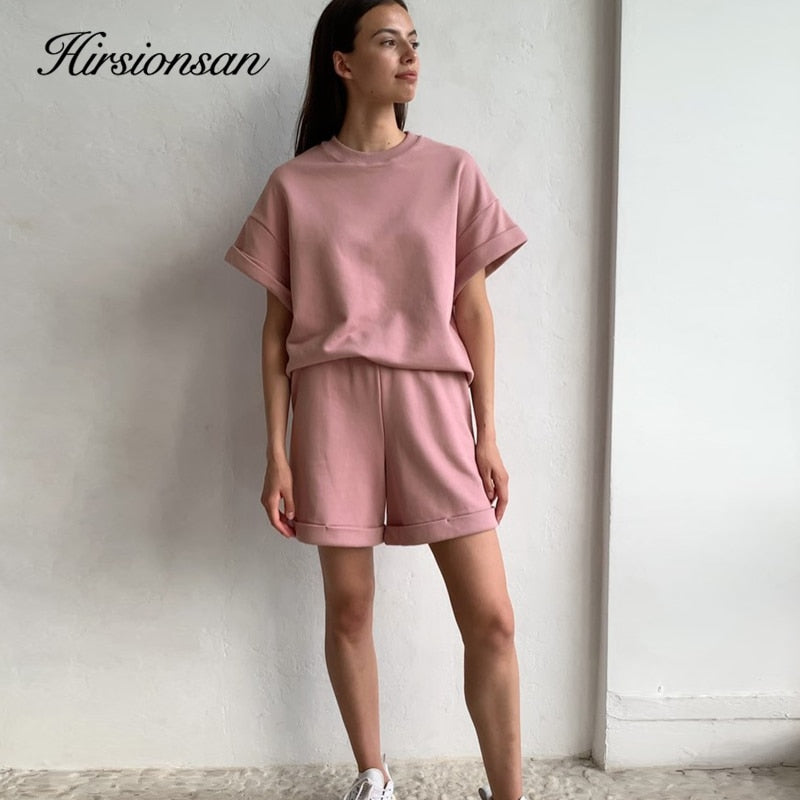 Christmas Gift Hirsionsan Summer Cotton Sets Women Casual Two Pieces Short Sleeve T Shirts and High Waist Short Pants Solid Outfits Tracksuit