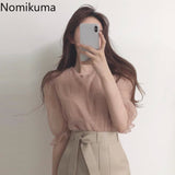 Kukombo Korean Chic Short Sleeve Shirts O Neck Slightly Transparent Elegant Blouse Women New Arrival Vintage Blusas Mujer 3e253