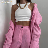 Kukombo 2022 spring Pink Pants Set Women Casual Long Sleeve Blouse Shirt Matching Wide Trousers Suit Elegant Loose Two Piece Pant Set
