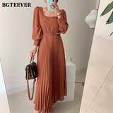 Kukombo Chic Square Collar Summer Dresses for Women Belted Midi Pleated Vestidos Elegant Lantern Sleeve Female Party Dress 2022