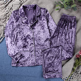 Kukombo Purple Velvet Women Pajamas Long Sleeve Home Suit Sleepwear Warm Double Pockets Lounge Wear Casual Female Set Autumn