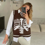 Kukombo Halloween Harajuku V Neck Vintage Oversized Sweater Women Autumn Sleeveless Brown Knitted Vest Top Casual  Aesthetic Jumper