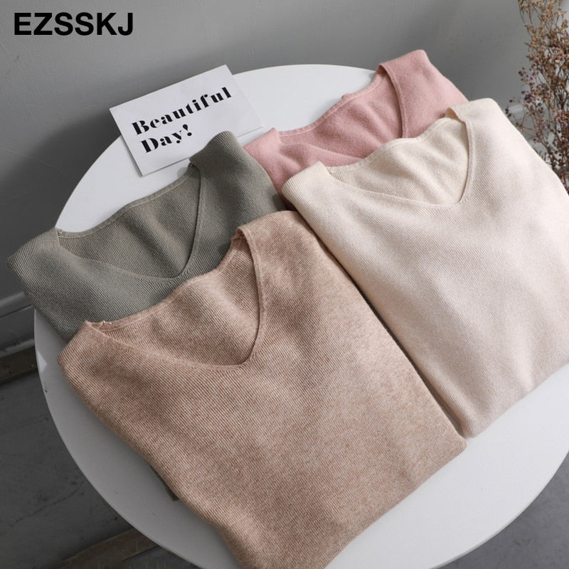 Christmas Gift chic casual Autumn Winter Basic Sweater pullovers Women v-neck Solid Knit Slim Pullover female Long Sleeve warm Khaki Sweater