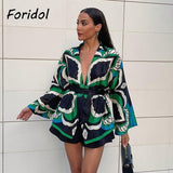 Kukombo 2022 Oversized Green Print Boho Women Shorts Sets Shirts Shorts Pants Three Pieces Fashion Suits Matching Sets 2022 Autumn