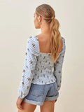 Kukombo Vintage Blue Tartan Floral Print  Women Tops And Blouses Chic Slim Long Sleeve Ropa Mujer Fashion Square Collar Shirt Tops
