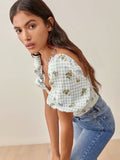 Kukombo Sexy Camis Square Collar Women Summer Top Fashion Elastic Crop Top Vintage Floral Print Blue Tank Top