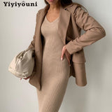 Christmas Gift Yiyiyouni Autumn V-Neck Knitted Bodycon Dress Women Knee-Length Wrapped Sheath Long Sweater Dress Female Solid Vestido Feminino