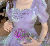 Kukombo  Women Summer Puff Sleeve Purple Dress Vintage New Girl Fairy Princess Party Dress Casual Holiday Lady Beach Boho Dress