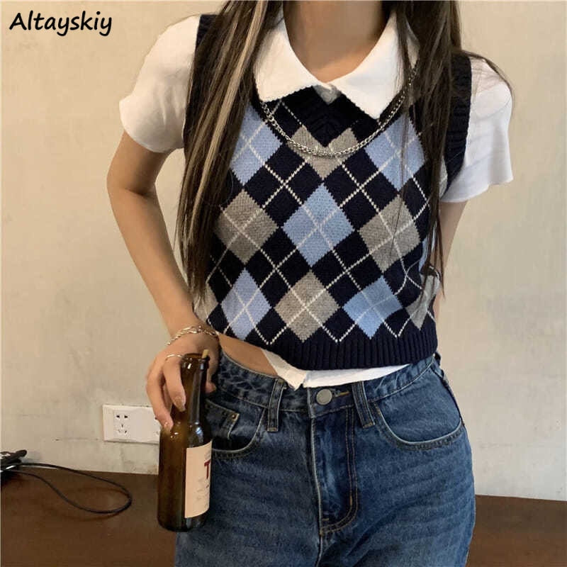 Christmas Gift Sweater Vests Women Argyle Crops Knitted Feminine Simple V-neck Streetwear Spring Student Preppy Style Chic Leisure Retro Soft