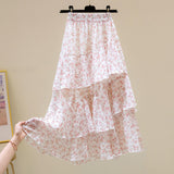 Kukombo Hot Sale Floral Skirt Women New Summer Sweet Ruffled A-Line Chiffon Long Skirt Woman Korean Clothing