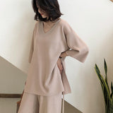 Kukombo Knitting Female Sweater Pantsuit For Women Two Piece Set Pullover V-Neck Long Sleeve Bandage Top Wide Leg Pants  Suit