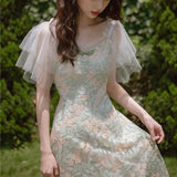 Kukombo Summer Floral Dress Women Elegant Vintage Retro Fairy Dress Casual Slim Fit Embroidered Lace Korean Sweet Dress Women 2023 New