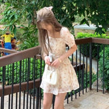 Kukombo Summer Elegant Kawaii Floral Dress Women Print Korean Sweet Cute Party Mini Dress Puff Sleeve Pretty Fairy Summer Sundress 2022