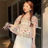Kukombo French Peter Pan Collar Shirts Women Sweet Short Sleeve Chiffon Blouses Female Summer New Korean Flower Embroidered Tops