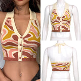 Kukombo Streetwear Fashion Striped Halter Knitted Vest For Women Sexy Backless Slim Outfits Female Tank Tops Autumn Ladies