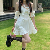 Kukombo  White Kawaii Fairy Strap Dress Women Patchwork Off Shoulder Party Mini Dresses Bow Ruffle Sweet Cute Princess Sundress K123