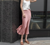 Kukombo New Summer Satin High Waisted Silk Skirts Women Silk Office Female Basic A-line Skirt Chic Elegant Ladies Skirt