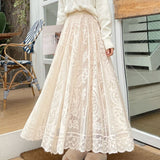 Kukombo Long Maxi Skirts For Women Spring Summer Korean Cute Princess Style Elastic High Waisted A-Line Floral Lace Skirt White Black