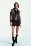 Kukombo Vintage Knitted Tweed Panel Short Faux Leather Jacket Women Fashion Long Sleeve Leather Jackets Elegant PU Leather Coat