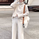 Sweater Set Women Tracksuit Spring Autumn Knitted Suits 2 Piece Set Warm Turtleneck Sweater Pullovers Wide Legs Pants