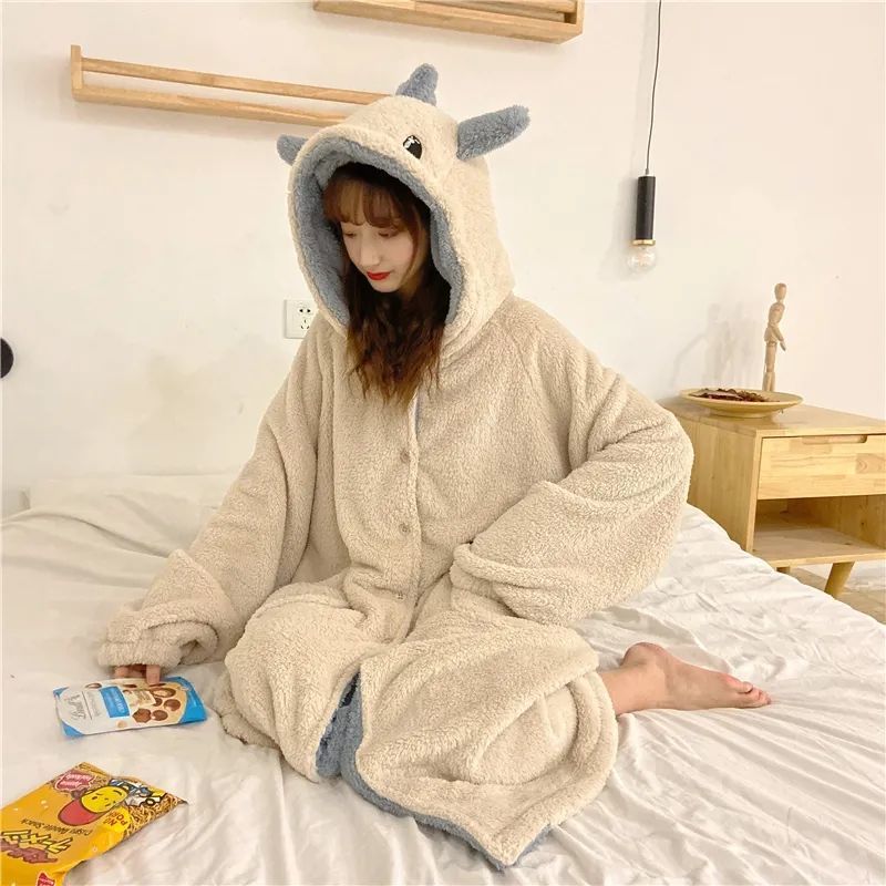 Christmas Gift Pajamas cute cartoon dinosaur coral velvet pajama autumn and winter thickened and padded long fashion home wear two sets nightgo