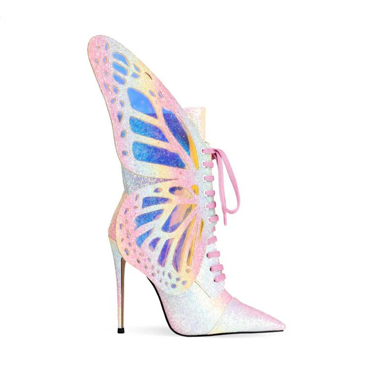 Kukombo Sexy Butterfly Wings Ankle Boots For Women Lace up High Heels Ladies Shoes Shiny Shoes Women Zapatos Mujer Botas Mujer 2022