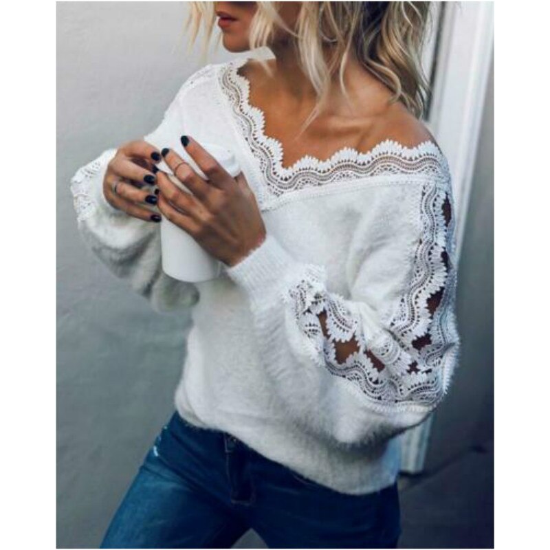 Christmas Gift Winter Women's knitted  Sweaters Pullover V-neck Hollow Jumper Loose White Fashion Female Sweater Blouse Sexy Women Clothing