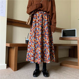 Kukombo Floral Corduroy Women Skirts Retro Elegant Casual Ankle-Length Empire Fashion All-Match New Korean Style Chic Daily Spring Soft