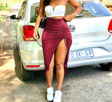 Kukombo Women High Waist Pleated Bodycon Slit Skirts