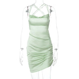 Kukombo Satin Women Strap Mini Dress Ruched Lace Up Cross Bandage Backless Bodycon Sexy Party Elegant 2022 Club Christmas Slim K13