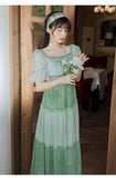 Kukombo Mori Girl Green Gentle Fairy Summer Chiffon Dresses Puff Sleeve Square Neck Elegant French Retro Floral Dress Vestidos De Fiesta