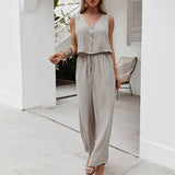 Kukombo  Elegant Cotton Linen Two Piece Sets  V-Neck Sleeveless Vest Tops And Wide Leg Pants Suits Women Casual Loose Office Lady Outfits