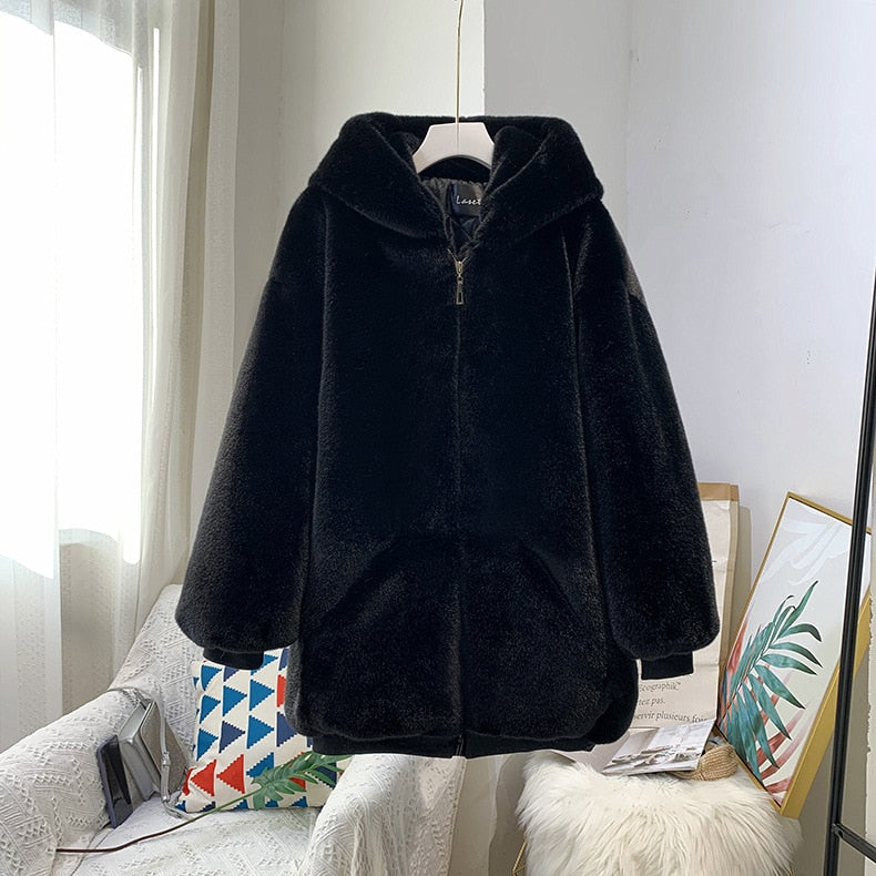 Christmas Gift Fashion Plush coat women's winter imitation Rex Rabbit Fur grass loose medium length 2021 new hooded thickened coat