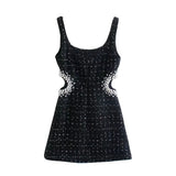 Kukombo Vintage Elegant Pearls Tweed Strap Mini Dresses Women za Fashion Side Hollow Out Square Collar Dresses Female Chic Vestidos