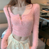 Kukombo Mohair Knitted Shirt Y2k Pink Sweet Crop Top Gentle Bodycon Hot Girls Pullover Low Round Collar Sexy Sheath Sweater