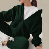 Kukombo  Casual Women Fleece Hoodie Two Piece Sets Hooded Zipper Outerwear And Harem Pant Suit Autumn Winter Fashion Streetwear Tracksuit