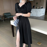 Kukombo  JuneLove French Ruffle Women Sexy Puff Sleeve Split Dress Office Lady Korean Style Summer Elegant Chiffon Fairy Boho Vestidos