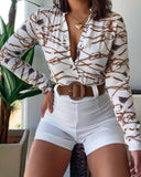 Kukombo Plants Tropical Print Long Sleeve Tie Front Crop Tops & Shorts Set Women Two Piece Set