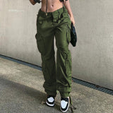 Kukombo Light Brown Big Pockets Casual Cargo Pants Women Low Waist Wide Leg Baggy Denim Trousers Vintage Oversized Jeans Street