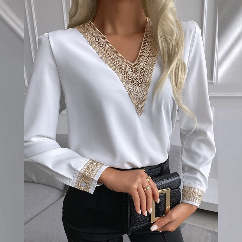 Christmas Gift New Autumn Women Lace V Neck Solid Color Long Sleeve Shirt Blouse Elegant Fashion OL Streewear Pullover Casual 2021 T-shirt Tops