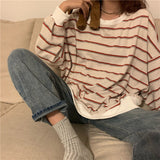 Christmas Gift Korean Striped Print Women's T-Shirt Stylish Loose Long Sleeve Round Neck Teeswomen College Style Plus Size Spring Tops Ladies